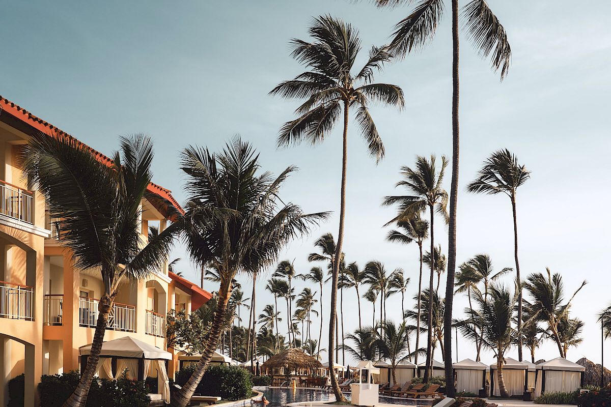 The image shows a tropical resort with a large swimming pool, surrounded by palm trees and sun loungers, with a building in the background under a clear sky.